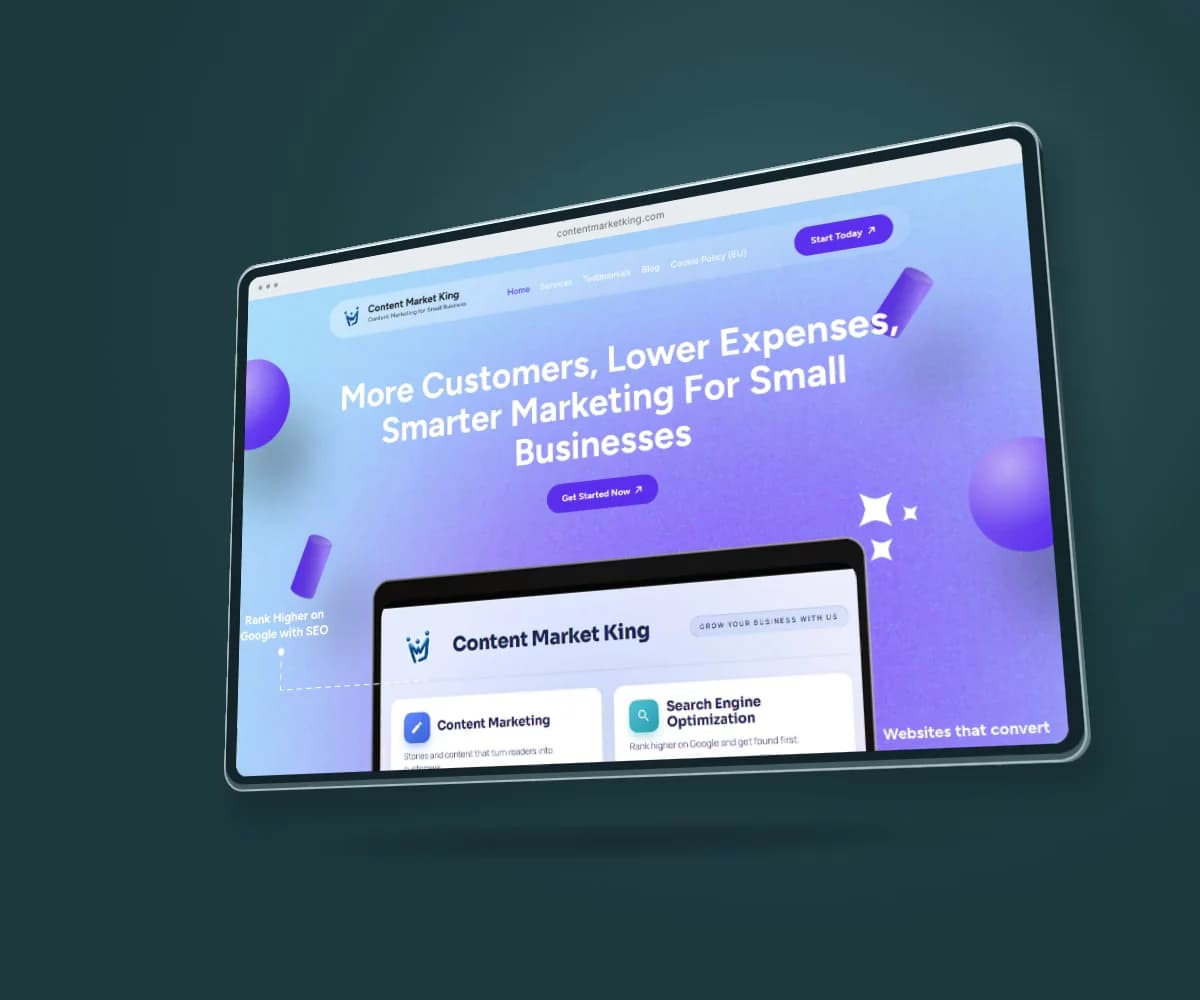 A dimensional showcase of the Content Market King website and Waheed Labs booking system.