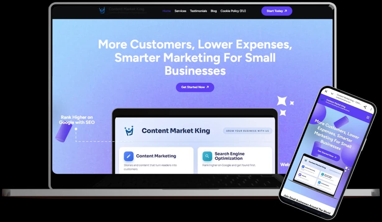 The Content Market King website we built, on a laptop and a phone